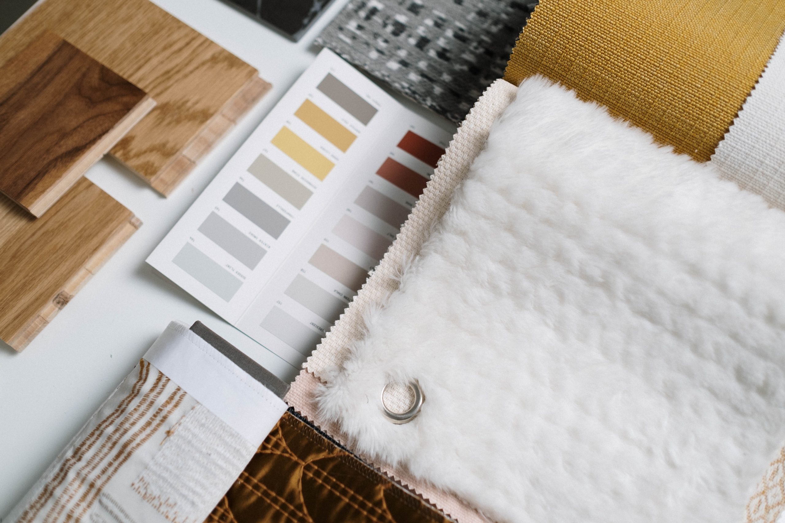 Fabric samples, wood samples, and paint samples for interior design